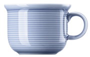 Seitliche Ansicht einer blauen, gerippten Espresso-Obertasse mit Henkel.
