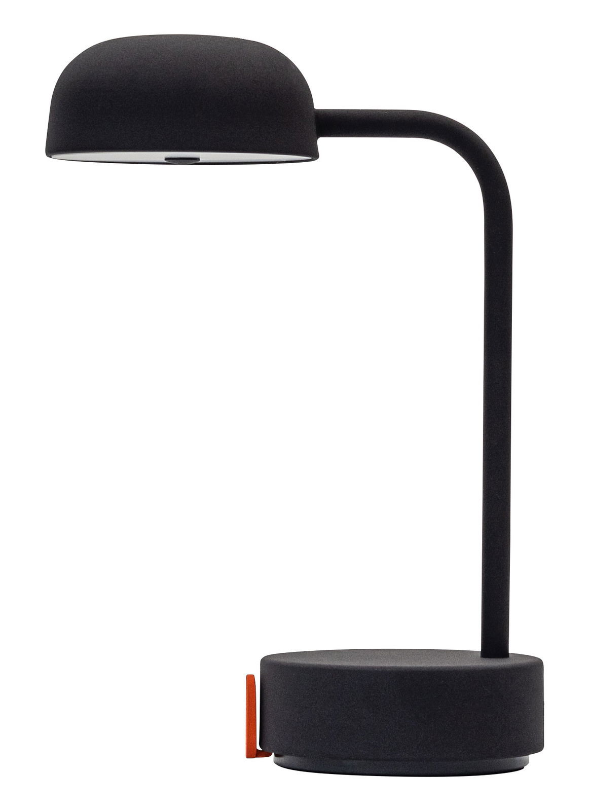 Moderne Tischlampe in Anthrazit mit gebogenem Arm und rundem Sockel, seitliche Perspektive