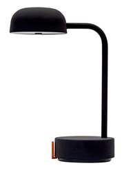 Moderne Tischlampe in Anthrazit mit gebogenem Arm und rundem Sockel, seitliche Perspektive
