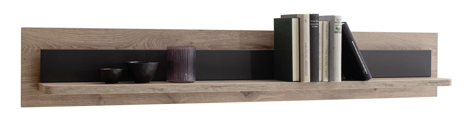 Wandboard aus Holz mit schwarzem Akzent, dekoriert mit Büchern und Vasen, seitliche Perspektive