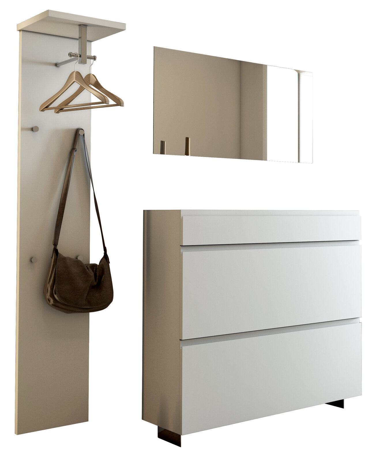 Moderano Garderoben-Set LECCO Modernes Garderobenset mit Wandpaneel, Spiegel und Kommode, seitliche Perspektive.