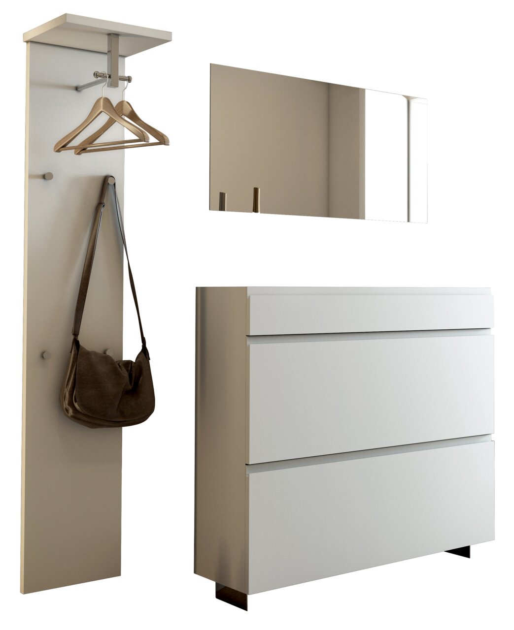 Moderano Garderoben-Set LECCO Modernes Garderobenset mit Wandpaneel, Spiegel und Kommode, seitliche Perspektive.