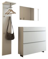 Modernes Garderobenset mit Wandpaneel, Spiegel und Kommode, seitliche Perspektive.