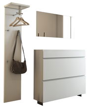 Modernes Garderobenset mit Wandpaneel, Spiegel und Kommode, seitliche Perspektive.