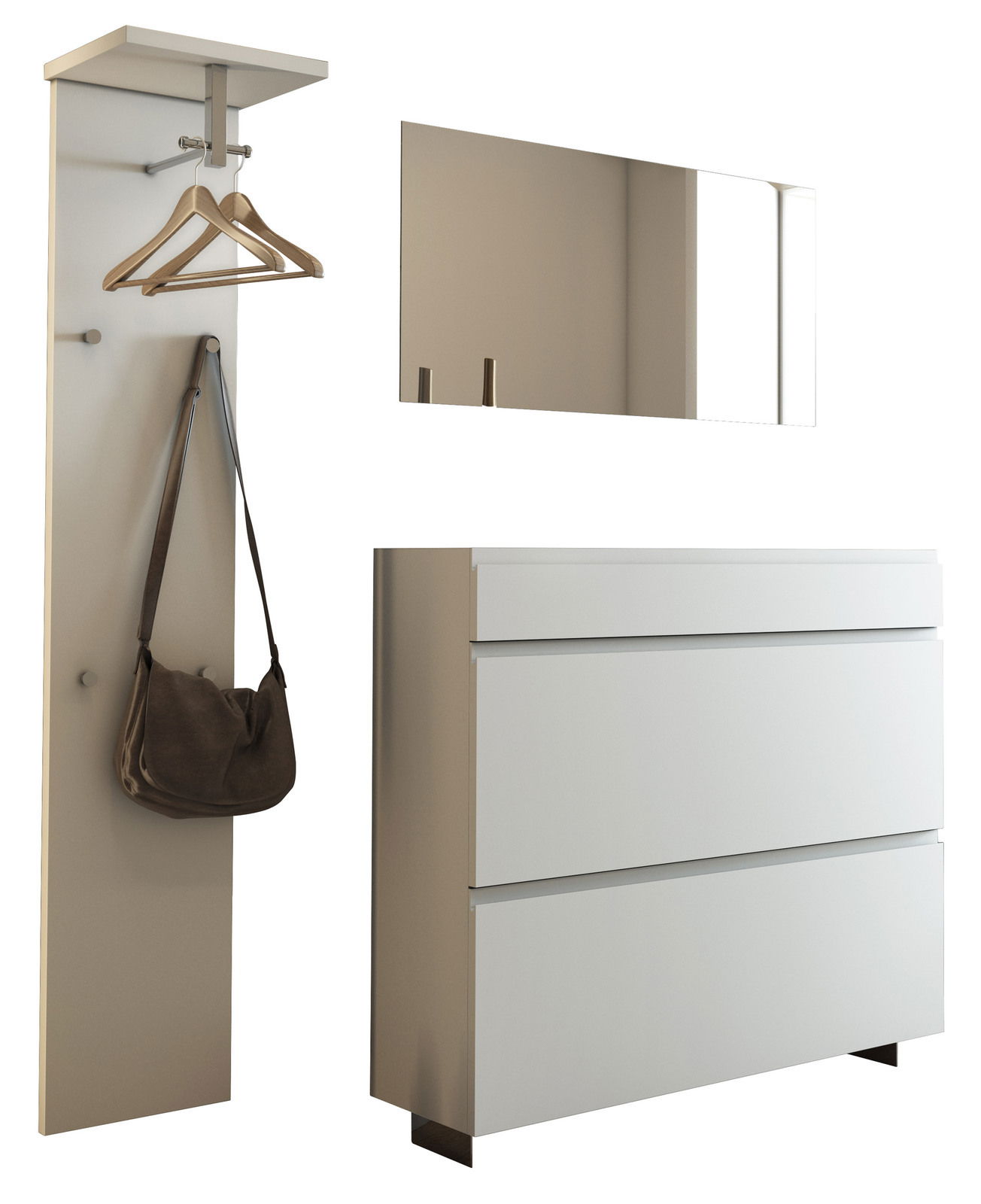 Moderano Garderoben-Set LECCO Modernes Garderobenset mit Wandpaneel, Spiegel und Kommode, seitliche Perspektive.