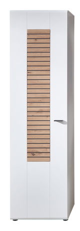 Moderner Garderobenschrank in Weiß mit Holzlamellen in der Mitte, Frontalansicht