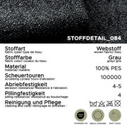Nahaufnahme von grauem Webstoff (100% PES) mit sichtbarer Struktur, Stoffdetail-Ansicht von oben; Scheuertouren 100000, Abriebfestigkeit 4–5, Pillingfestigkeit 4, OEKO-TEX Standard 100, REACH-konform, Easy Clean.