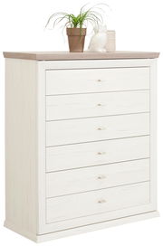 Weiße Kommode mit sechs Schubladen, dekoriert mit einer Pflanze, einer Eulenfigur und einem Korb, seitliche Perspektive