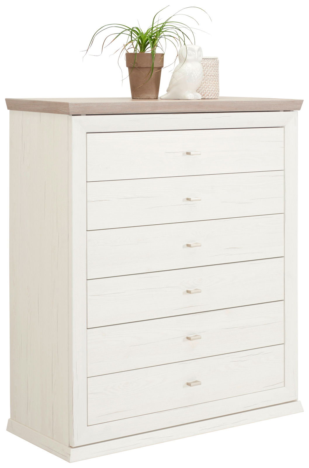 Hom´in Kommode CAMRON Weiße Kommode mit sechs Schubladen, dekoriert mit einer Pflanze, einer Eulenfigur und einem Korb, seitliche Perspektive