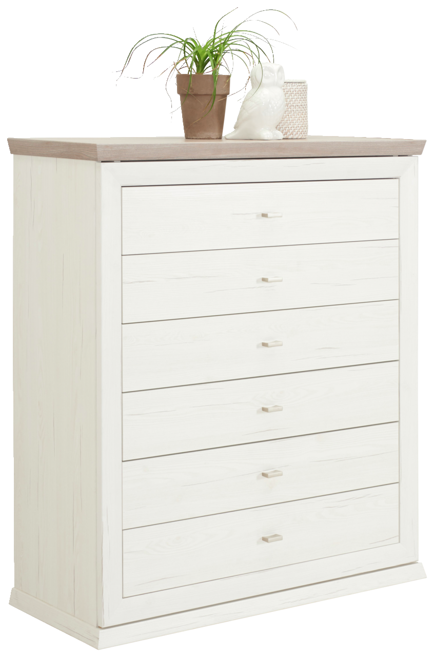 Hom´in Kommode CAMRON Weiße Kommode mit sechs Schubladen, dekoriert mit einer Pflanze, einer Eulenfigur und einem Korb, seitliche Perspektive