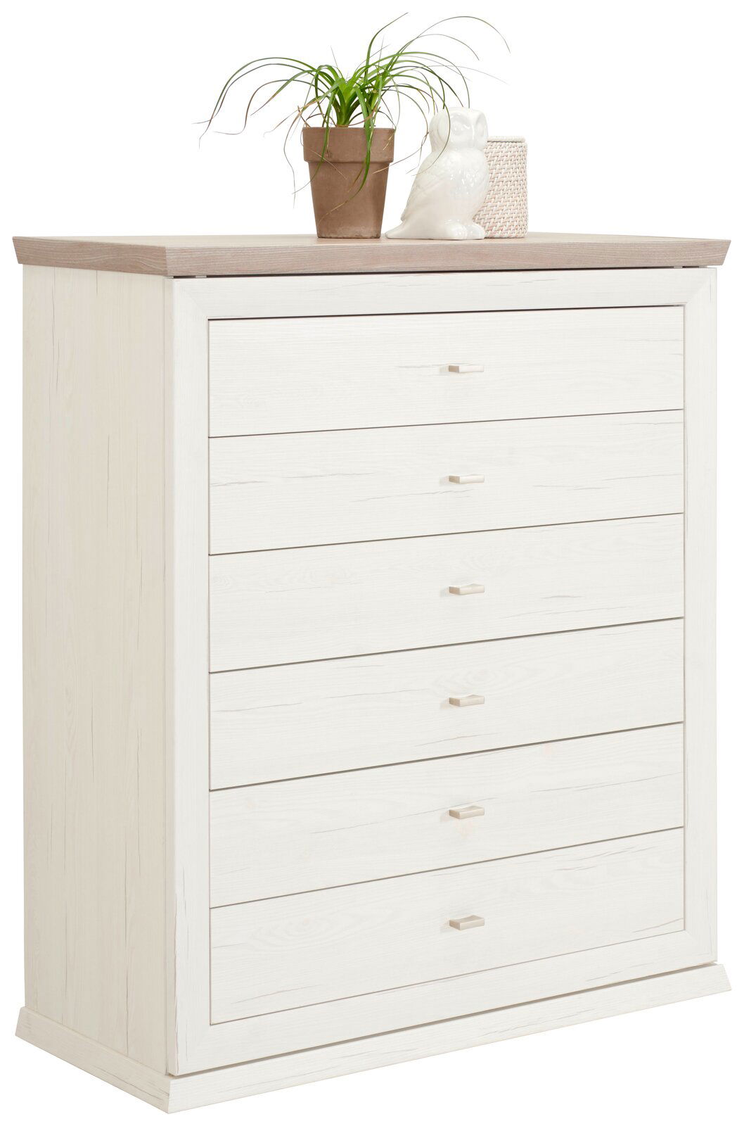 Hom´in Kommode CAMRON Weiße Kommode mit sechs Schubladen, dekoriert mit einer Pflanze, einer Eulenfigur und einem Korb, seitliche Perspektive