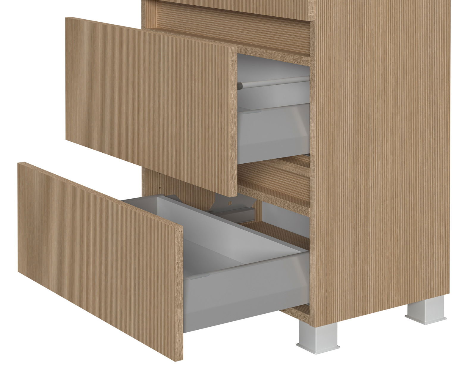 Holzfarbener Midischrank mit zwei offenen Schubladen, seitliche Perspektive