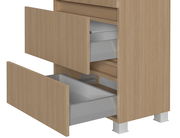 Holzfarbener Midischrank mit zwei offenen Schubladen, seitliche Perspektive