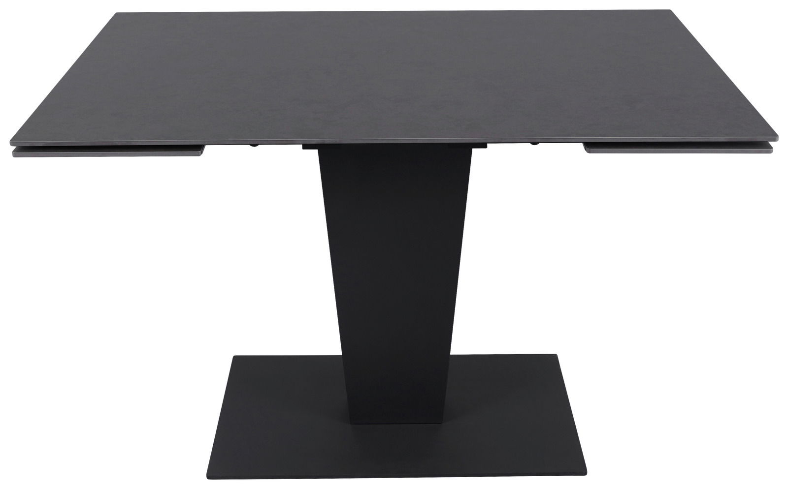 Moderner schwarzer Esstisch mit rechteckiger Tischplatte und zentralem Standfuß, Frontalansicht