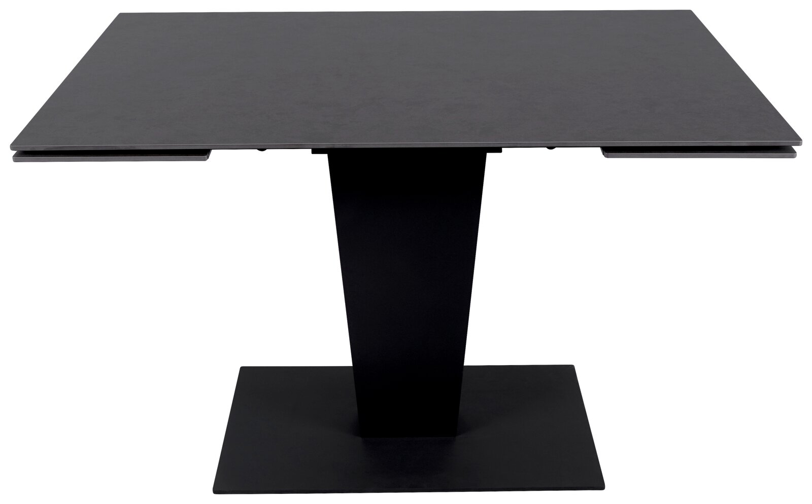 Moderner schwarzer Esstisch mit rechteckiger Tischplatte und zentralem Standfuß, Frontalansicht