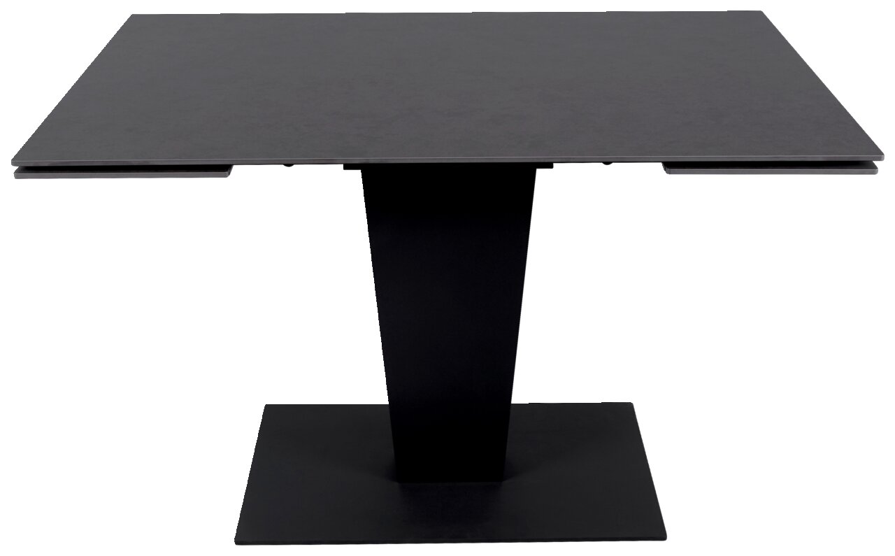 Moderne zwarte eettafel met rechthoekig tafelblad en centrale poot, vooraanzicht