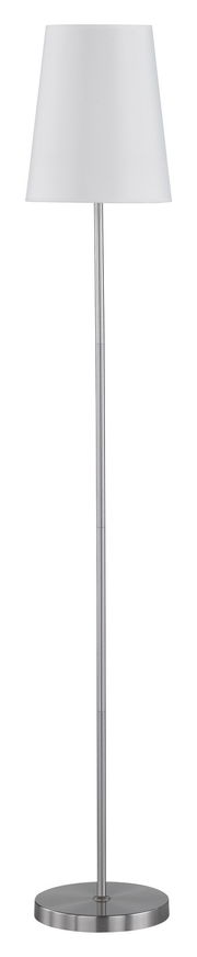 Moderne Stehleuchte mit weißem Lampenschirm und silbernem Standfuß, frontal abgebildet