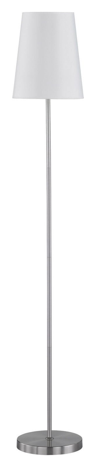 Moderne Stehleuchte mit weißem Lampenschirm und silbernem Standfuß, frontal abgebildet