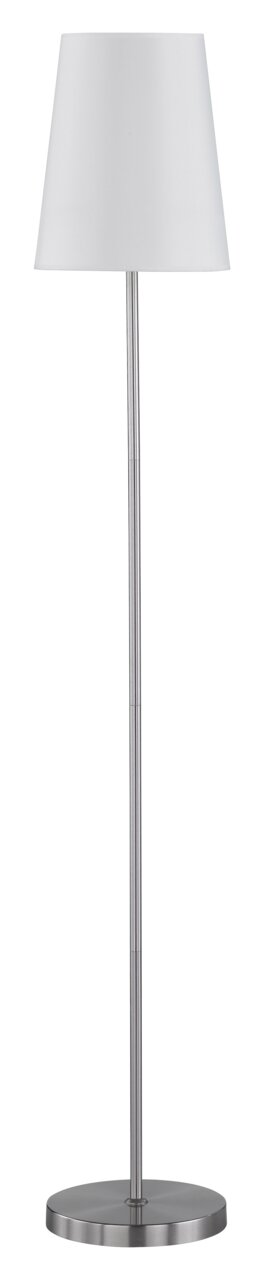 Moderne staande lamp met witte lampenkap en zilveren voet, afgebeeld van voren