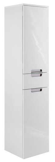Weißer Hochschrank mit zwei Türen und modernen Griffen, seitliche Perspektive