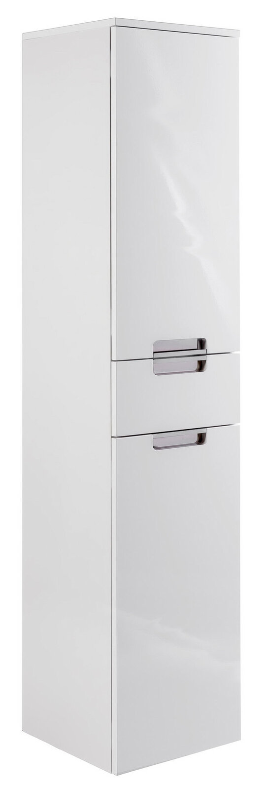 Weißer Hochschrank mit zwei Türen und modernen Griffen, seitliche Perspektive