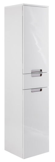 Weißer Hochschrank mit zwei Türen und modernen Griffen, seitliche Perspektive
