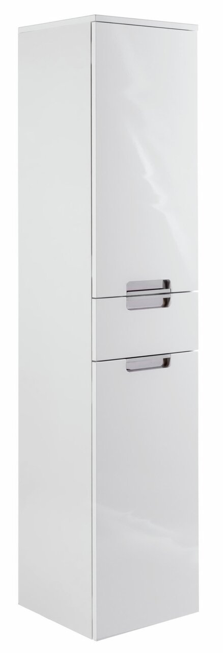 Weißer Hochschrank mit zwei Türen und modernen Griffen, seitliche Perspektive