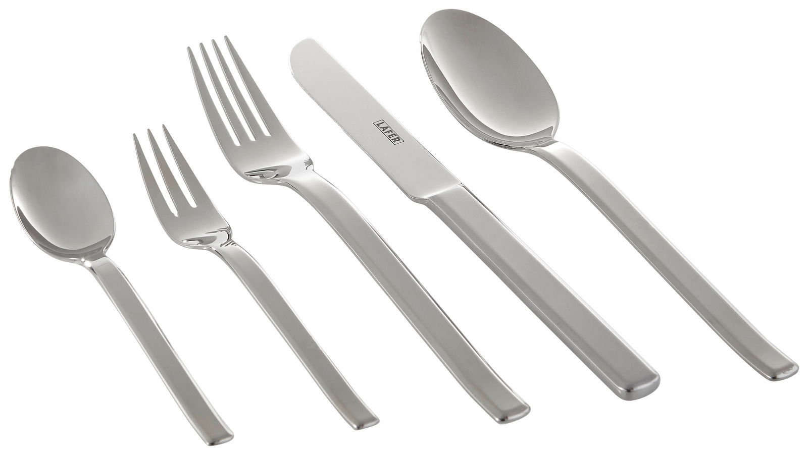 Lafer Besteckset 30-tlg. LAFER PURE Set aus Edelstahlbesteck bestehend aus Löffel, Gabel, Messer, Kuchengabel und Teelöffel, von oben betrachtet.