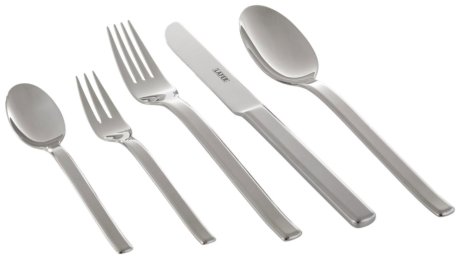 Set aus Edelstahlbesteck bestehend aus Löffel, Gabel, Messer, Kuchengabel und Teelöffel, von oben betrachtet.