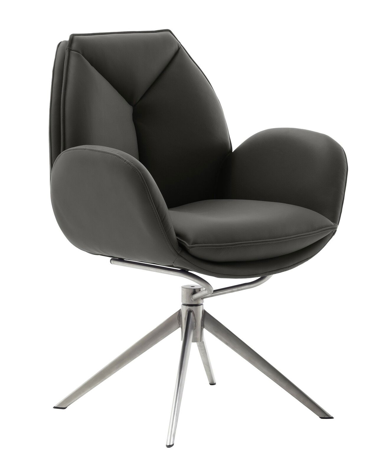 Moderner Armlehnstuhl in dunklem Leder mit Metallgestell, seitliche Perspektive