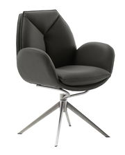 Moderner Armlehnstuhl in dunklem Leder mit Metallgestell, seitliche Perspektive