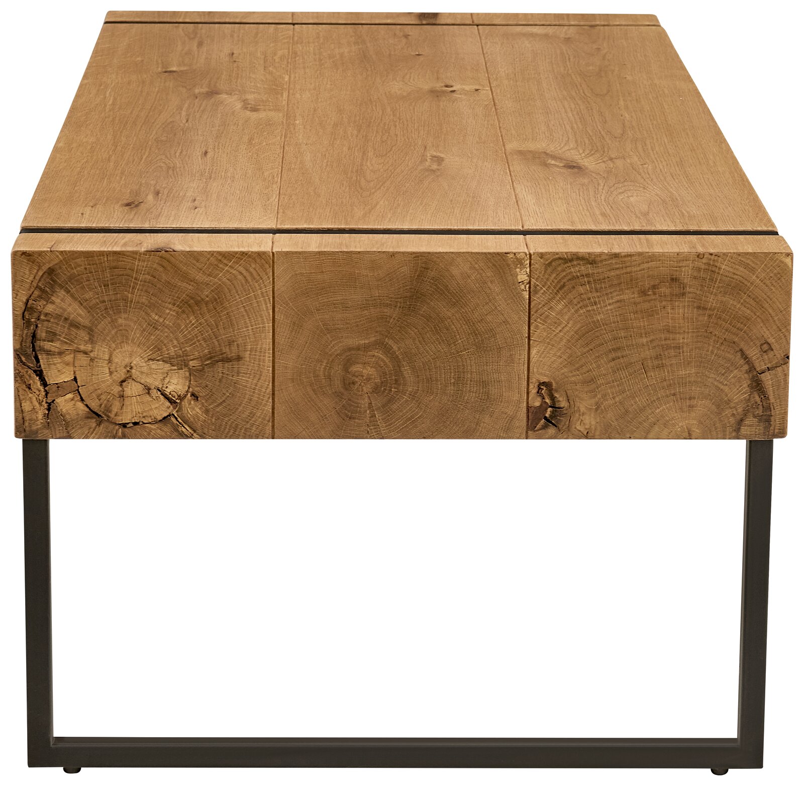 Frontale Ansicht eines Couchtisches mit massiver Holzplatte und Metallgestell.