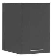 Großer, dunkelgrauer Aufsatzschrank mit einer Tür und silbernem Griff, seitliche Perspektive