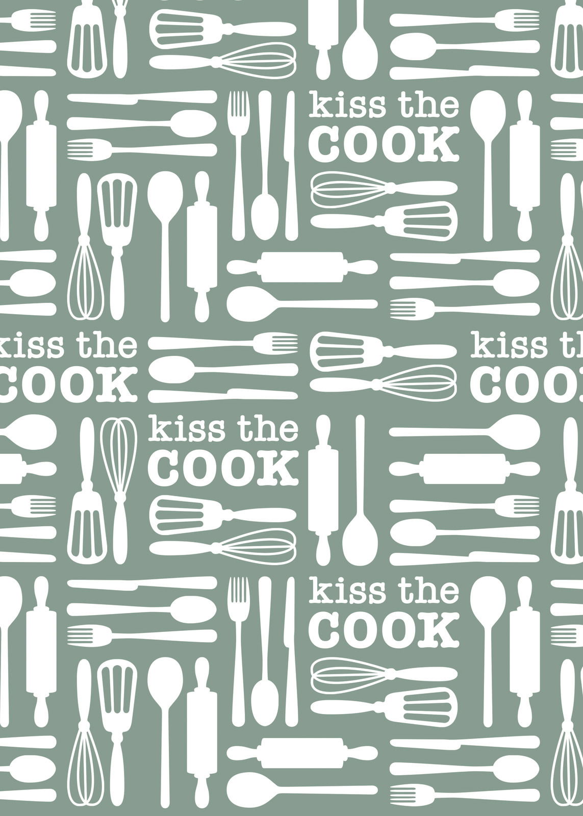 Geschirrtuch mit Küchenutensilien und dem Schriftzug 'Kiss the Cook' aus der Vogelperspektive