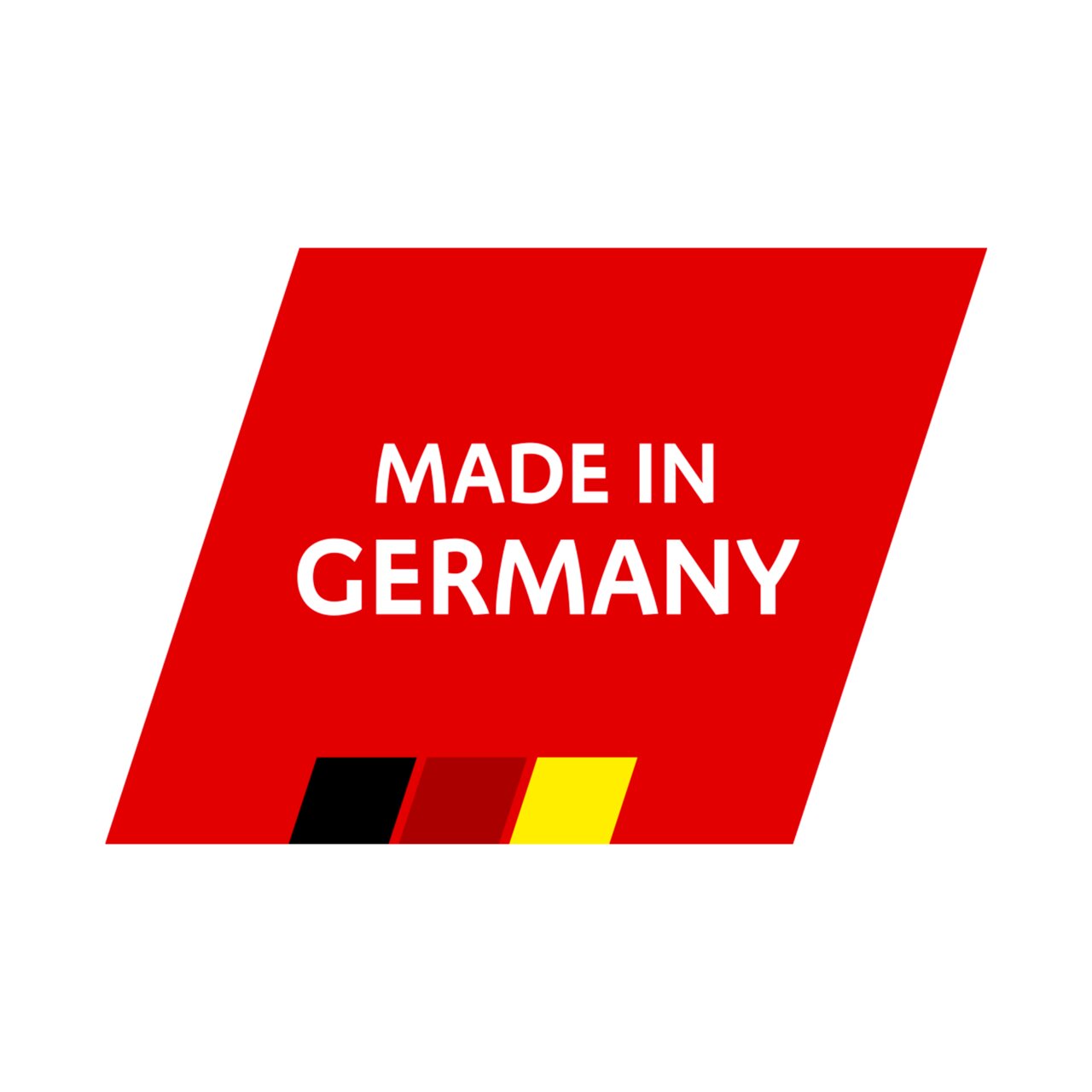 Logo mit der Aufschrift 'Made in Germany' in rotem Hintergrund, perspektivisch leicht geneigt.