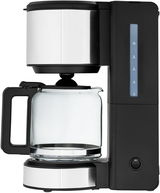 Frontansicht der WMF STELIO Aroma Kaffeemaschine mit Glaskanne und Edelstahl-Elementen.