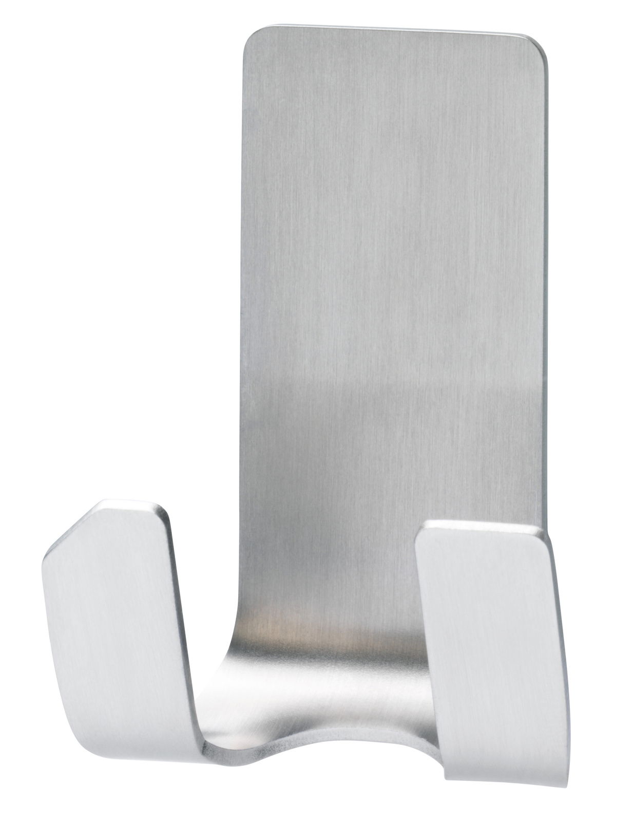 Tesa Powerstrips WATERPROOF Metallhaken aus gebürstetem Edelstahl, frontal abgebildet, geeignet für den Einsatz in feuchten Umgebungen.