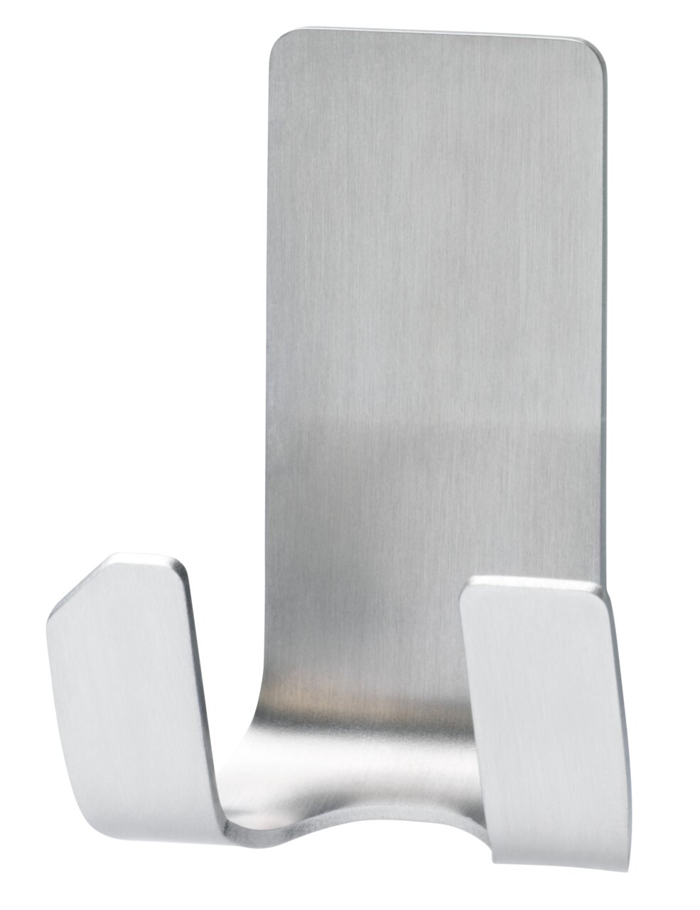 Tesa Powerstrips WATERPROOF Metallhaken aus gebürstetem Edelstahl, frontal abgebildet, geeignet für den Einsatz in feuchten Umgebungen.