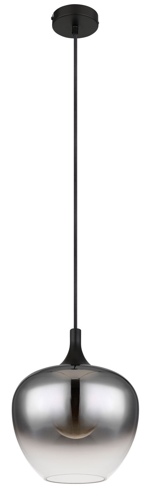 Moderne Hängeleuchte MAXY mit glänzendem, kugelförmigem Schirm in silberner Optik, von unten betrachtet.