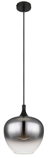 Moderne Hängeleuchte MAXY mit glänzendem, kugelförmigem Schirm in silberner Optik, von unten betrachtet.