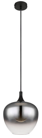 Moderne Hängeleuchte MAXY mit glänzendem, kugelförmigem Schirm in silberner Optik, von unten betrachtet.