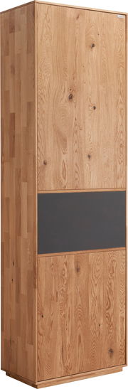 Garderobenschrank aus Holz mit natürlicher Maserung und dunklem Akzent, seitliche Perspektive