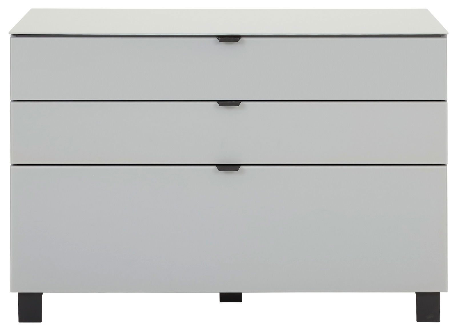Frontale Ansicht eines modernen, weißen Sideboards mit drei Schubladen und schwarzen Griffen.