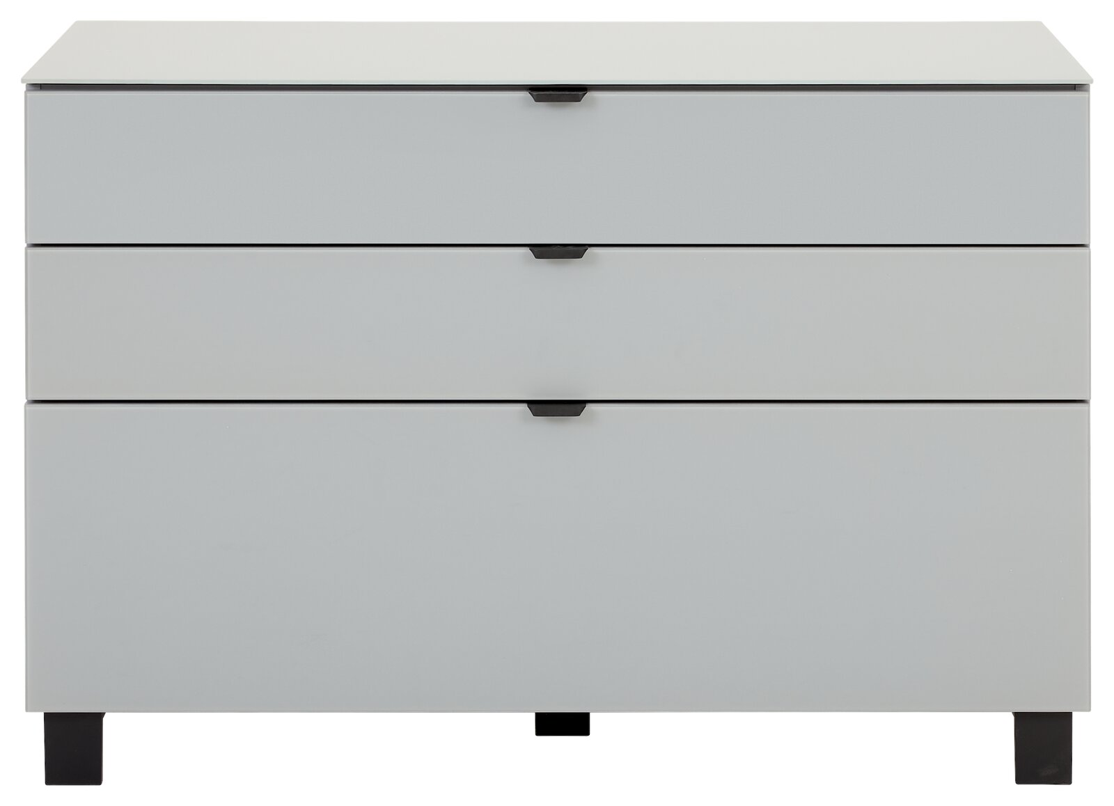 Frontale Ansicht eines modernen, weißen Sideboards mit drei Schubladen und schwarzen Griffen.