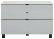 Frontale Ansicht eines modernen, weißen Sideboards mit drei Schubladen und schwarzen Griffen.