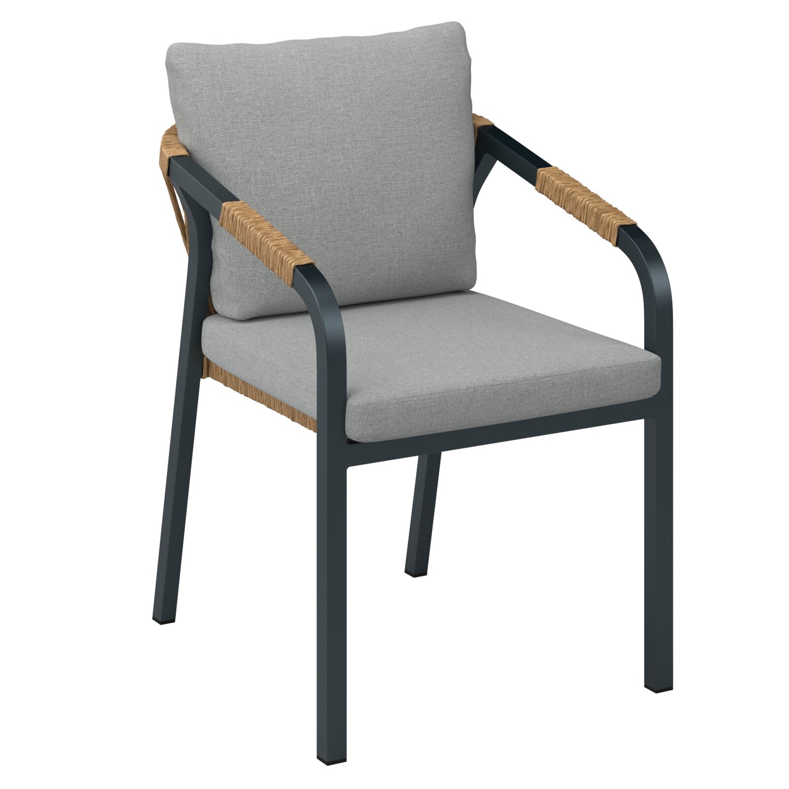 Moderner Stapelsessel mit grauem Kissen und Armlehnen aus Metall und Holz, seitliche Perspektive