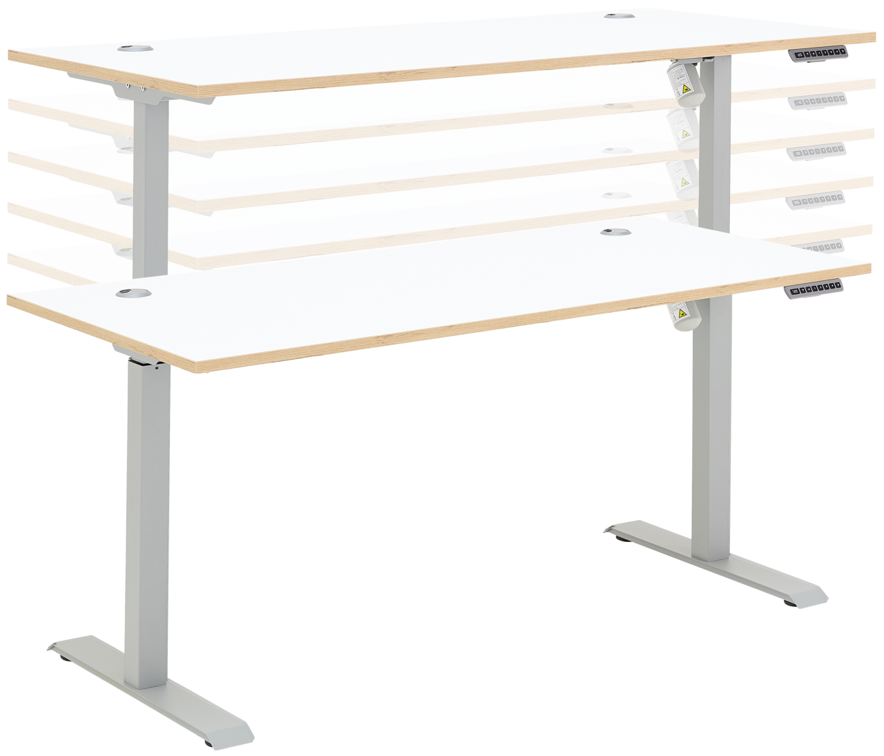 Höhenverstellbarer E-Schreibtisch mit weißer Tischplatte und grauen Beinen, seitliche Perspektive