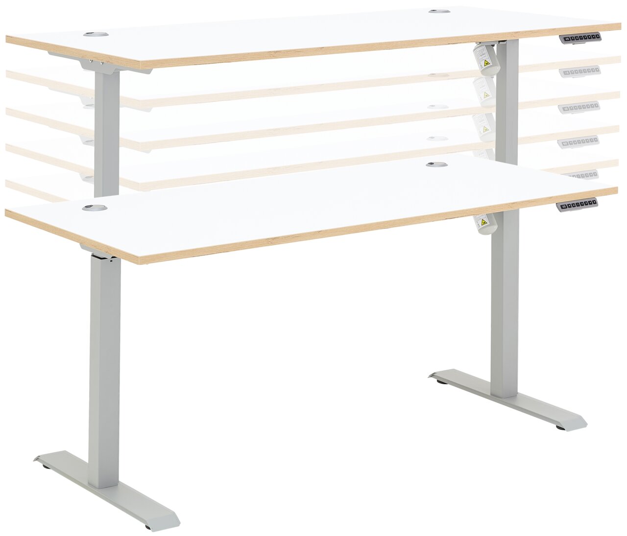 Höhenverstellbarer E-Schreibtisch mit weißer Tischplatte und grauen Beinen, seitliche Perspektive