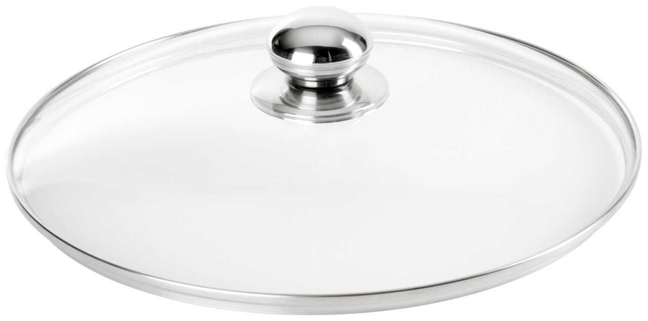 Glasdeckel mit Edelstahlknauf, seitliche Perspektive