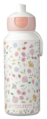 Trinkflasche mit Blumenmuster und rosa Deckel, seitliche Perspektive